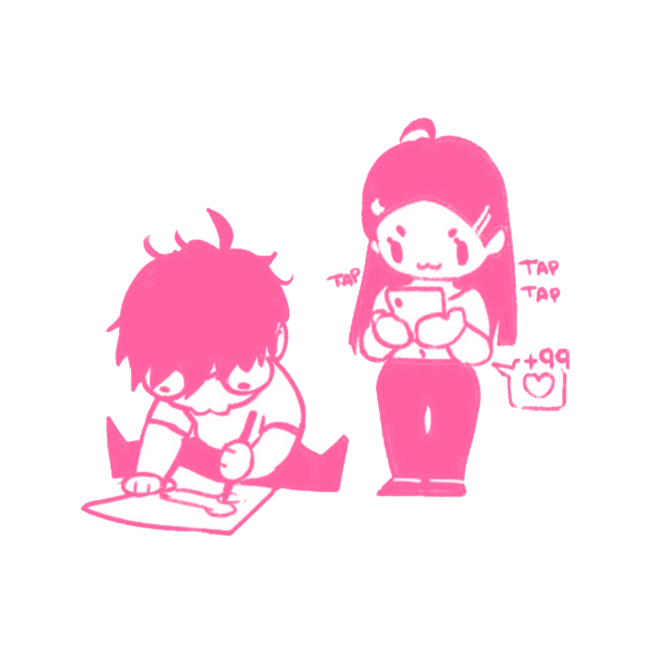 one pink colored sketch one character: $50 USD, two pink colored characters, $75 USD